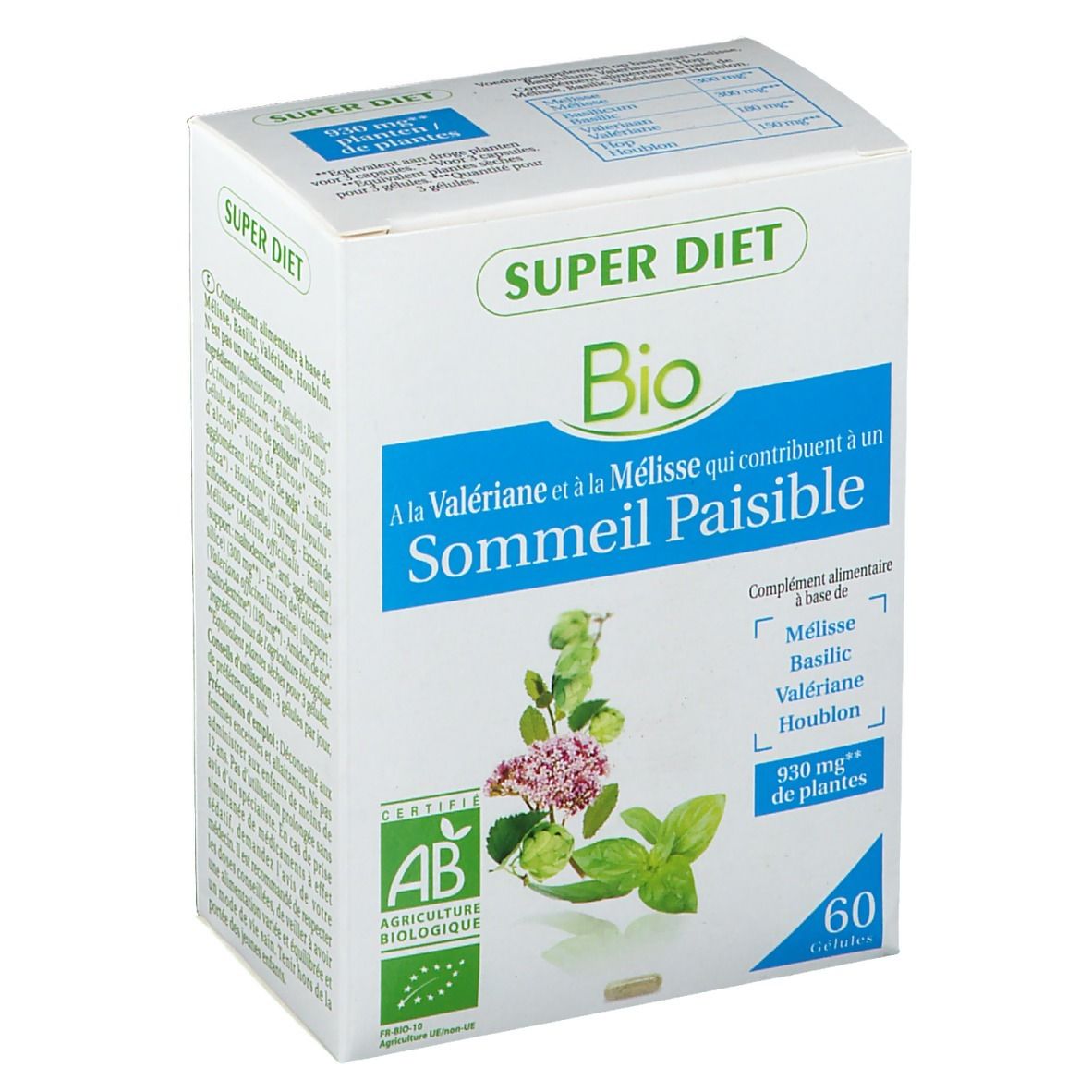 Boîte blanche "SUPER DIET Bio". Texte: "Sommeil Paisible". Contient 60 gélules. Certification AB.