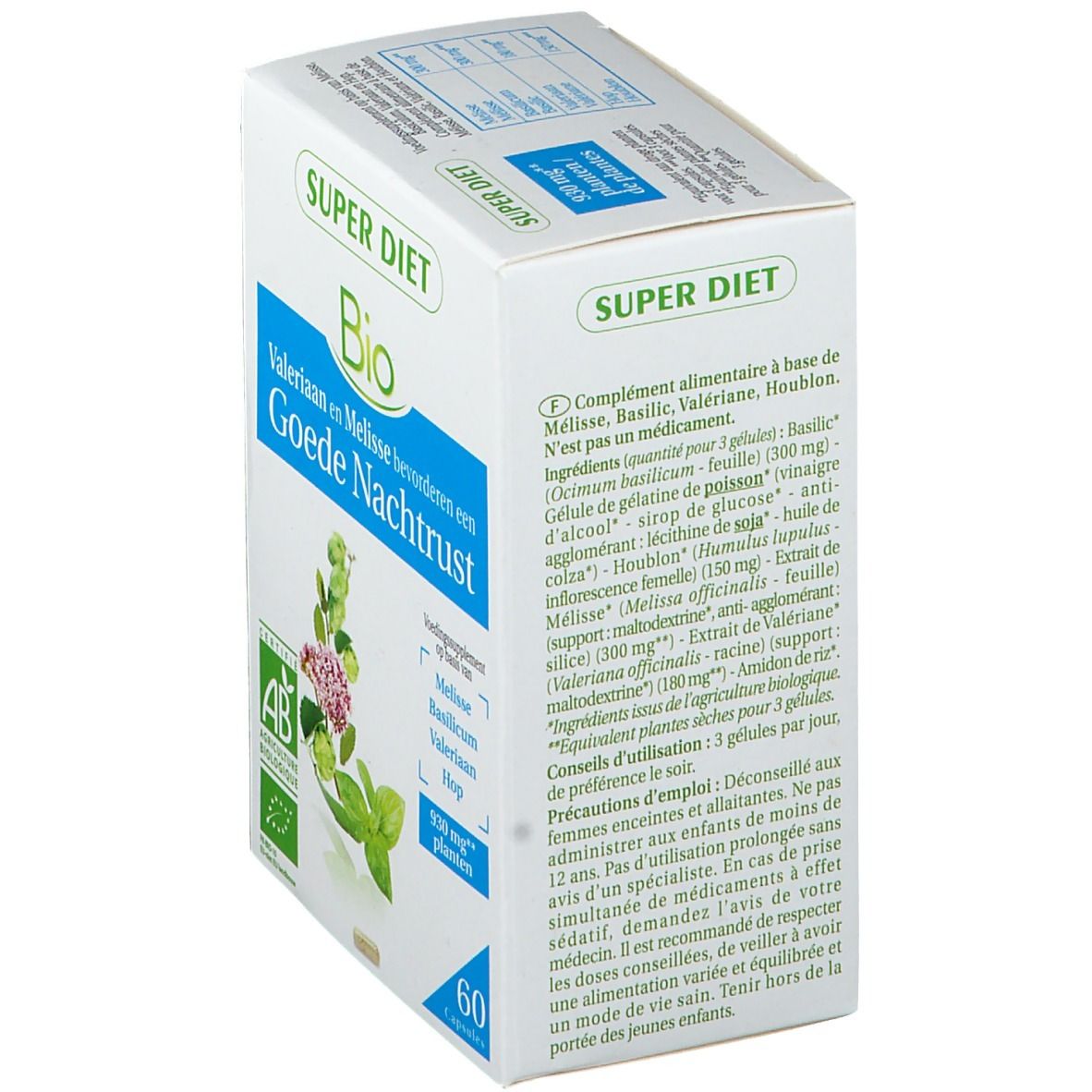Vue oblique de la boîte blanche. "SUPER DIET Bio". Texte: "Goeie Nachtrust". Contient 60 gélules. Liste des ingrédients.