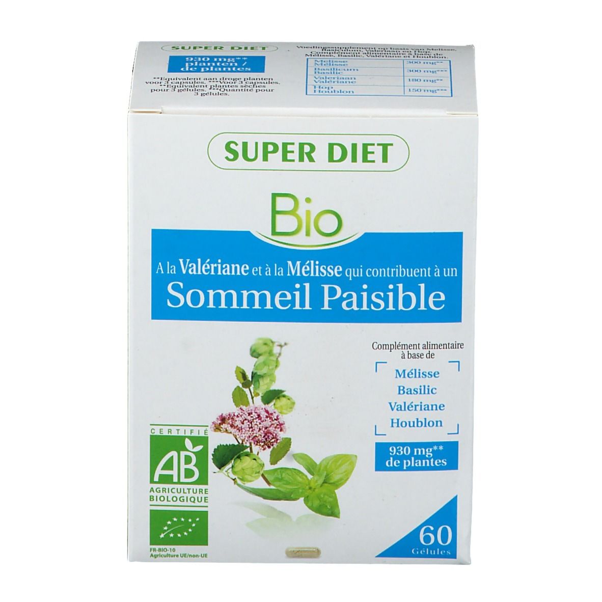 Boîte blanche "SUPER DIET Bio". Texte: "Sommeil Paisible". Contient 60 gélules. Certification AB.