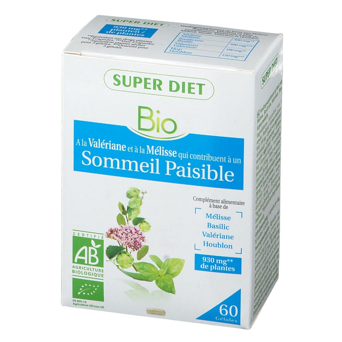 Boîte blanche "SUPER DIET Bio". Texte: "Sommeil Paisible". Contient 60 gélules. Certification AB.