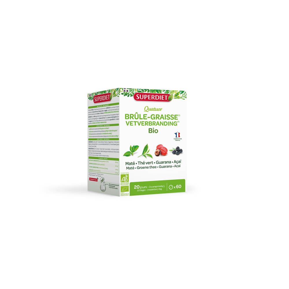 Complément alimentaire SUPER DIET. Boîte avec 20 comprimés. Contient Maté, thé vert, guarana et açaï. Certification Bio.