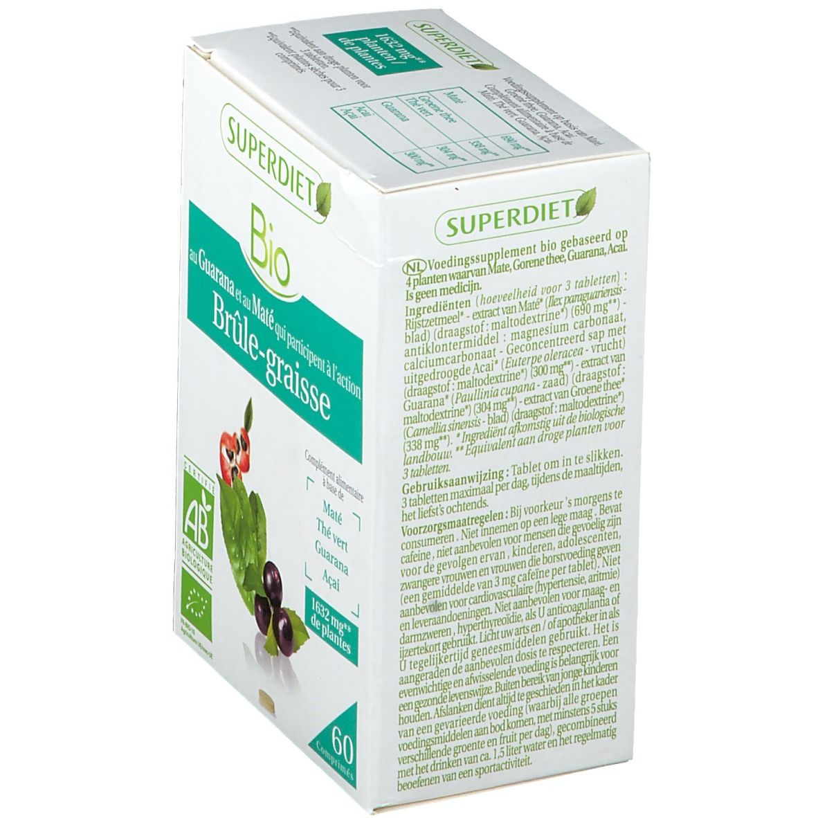 SUPER DIET Bio-Nahrungsergänzungsmittel. Weiße Schachtel mit grüner Schrift. Enthält 60 Tabletten. AB-Zertifizierung.