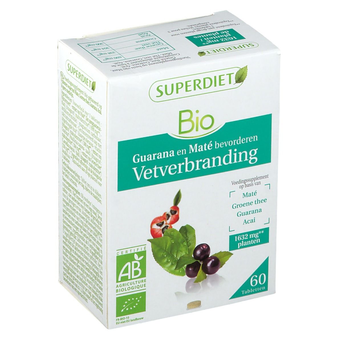 SUPER DIET Bio-Nahrungsergänzungsmittel. Weiße Schachtel mit grüner Schrift. Enthält 60 Tabletten. AB-Zertifizierung.