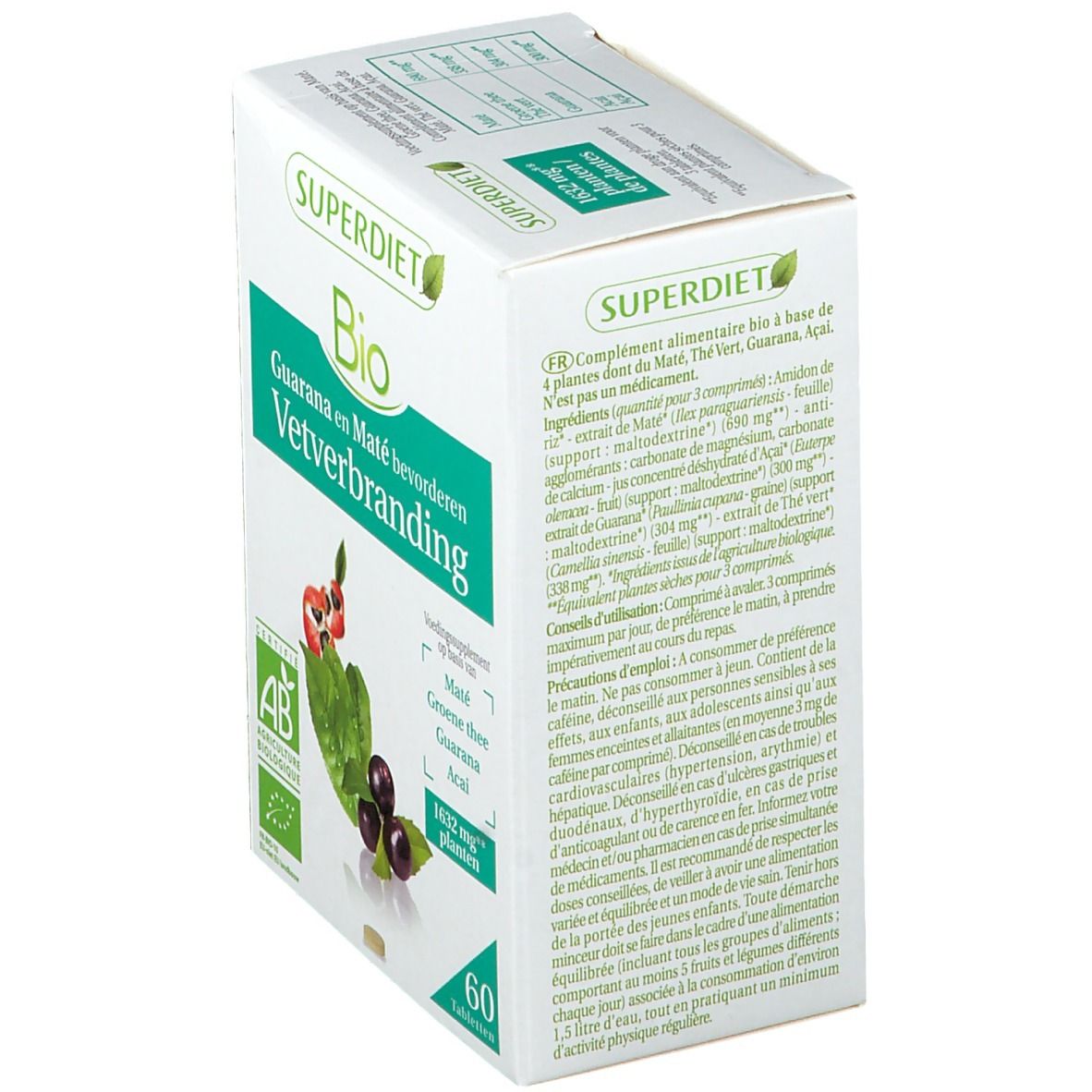 SUPER DIET Bio-Nahrungsergänzungsmittel. Weiße Schachtel mit grüner Schrift. Enthält 60 Tabletten. AB-Zertifizierung.