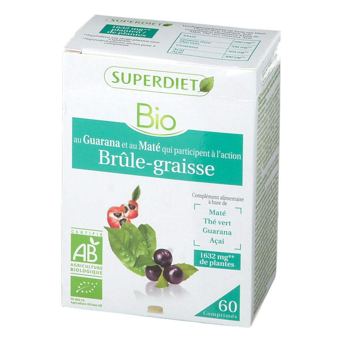 SUPER DIET Bio-Nahrungsergänzungsmittel. Weiße Schachtel mit grüner Schrift. Enthält 60 Tabletten. AB-Zertifizierung.