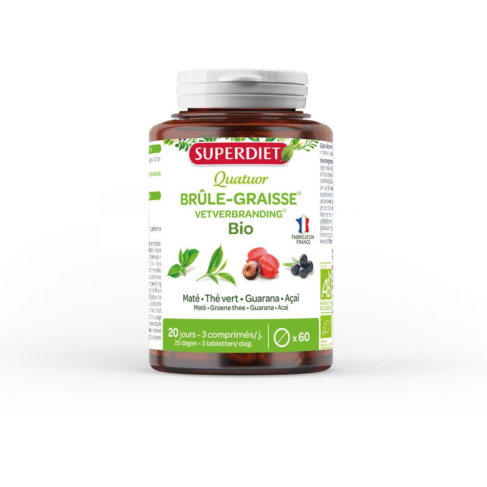 Complément alimentaire SUPER DIET. Flacon brun avec 60 comprimés. Contient Maté, thé vert, guarana et açaï. Bio.