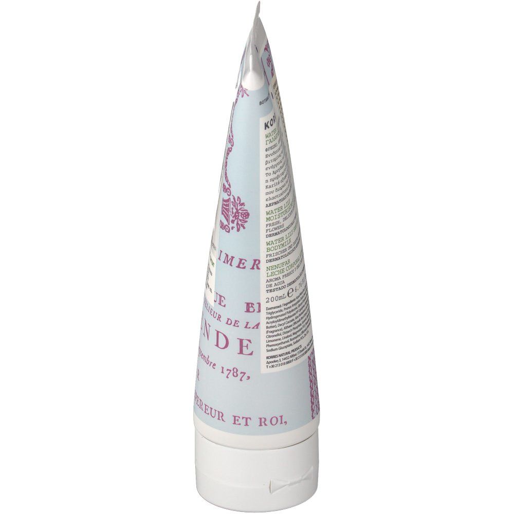 Tube de lotion pour le corps, bouchon blanc, motif bleu clair, texte. Marque KORRES visible.