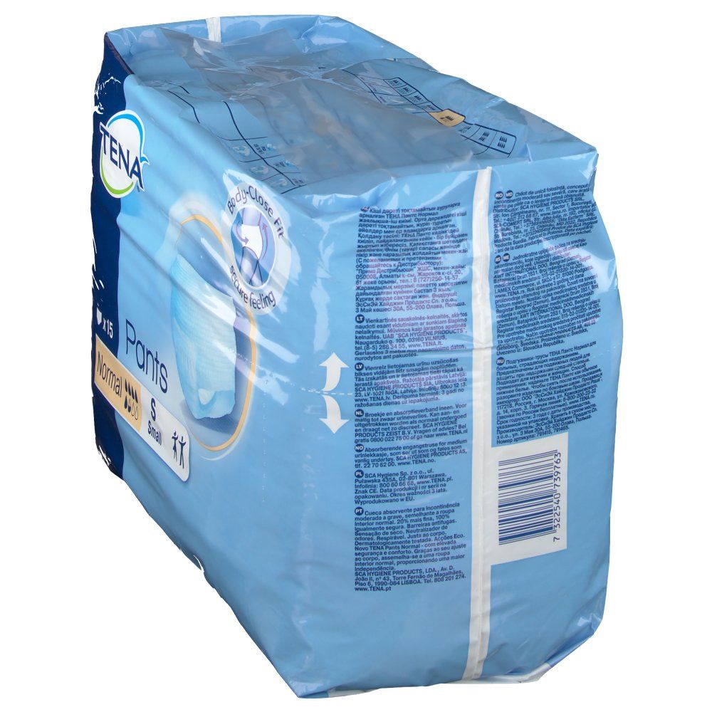 Emballage TENA Pants Normal Gr. S. Emballage plastique bleu avec image du produit et texte. Vue latérale.