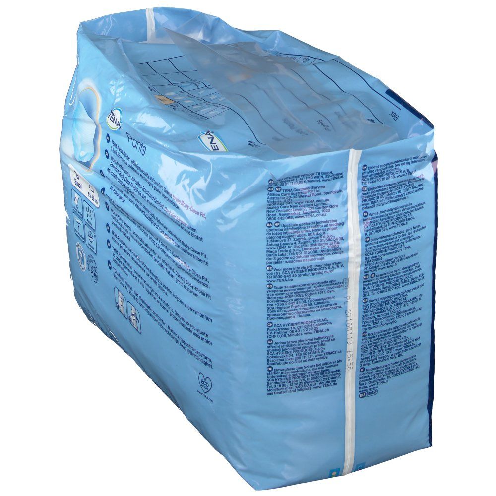 Emballage TENA Pants Normal Gr. S. Emballage plastique bleu avec image du produit et texte. Vue oblique.
