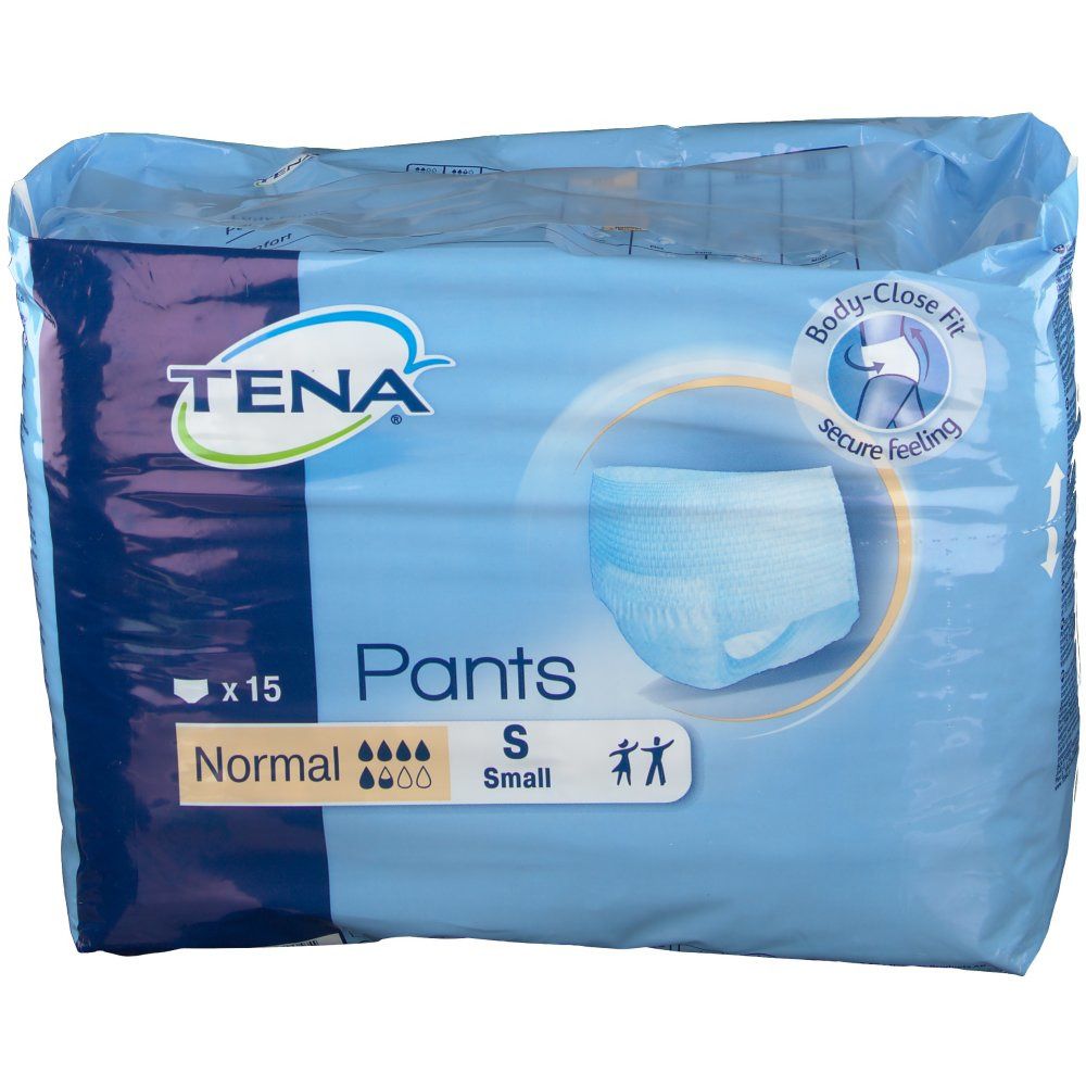 Face avant de l'emballage TENA Pants Normal Gr. S. Emballage bleu avec image du produit, texte et logo.