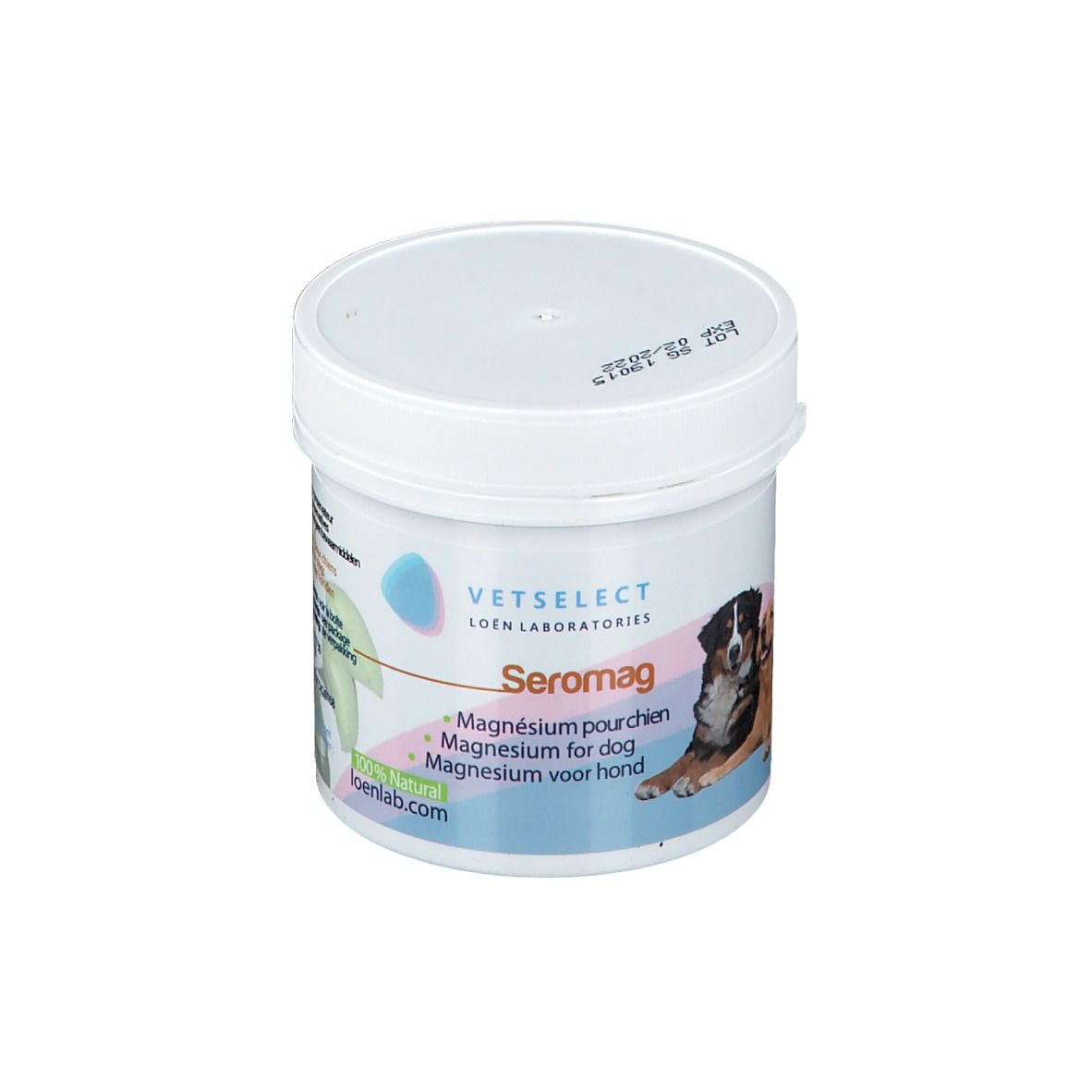 Pot blanc avec couvercle. Inscription: VETSELECT Seromag, Magnésium pour chien. Logo et image d'un chien.