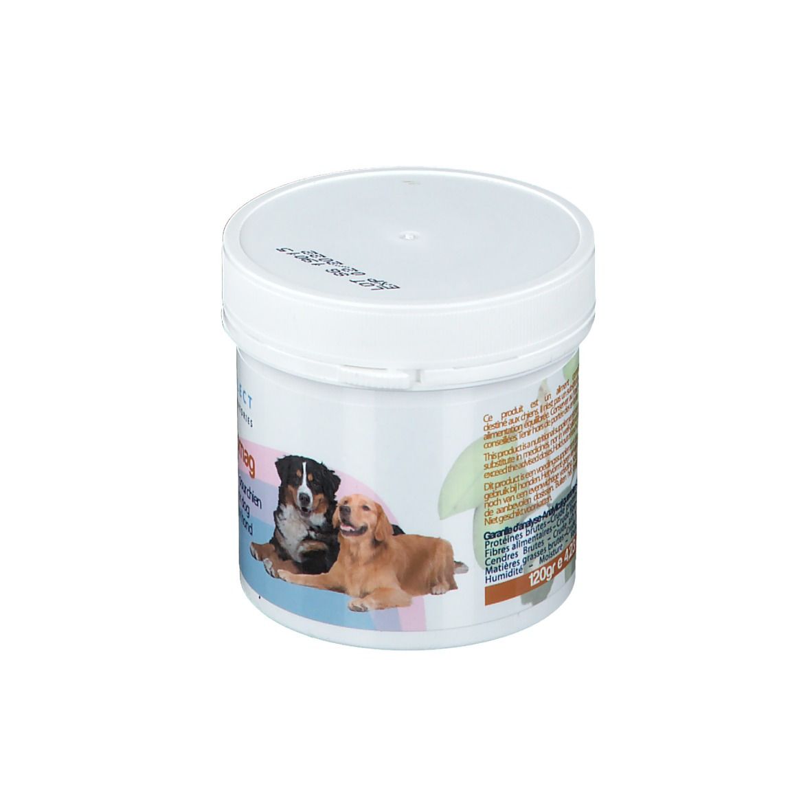 Pot blanc avec couvercle. Inscriptions et images de chiens. Texte: Seromag, Magnésium pour chien, 200g.