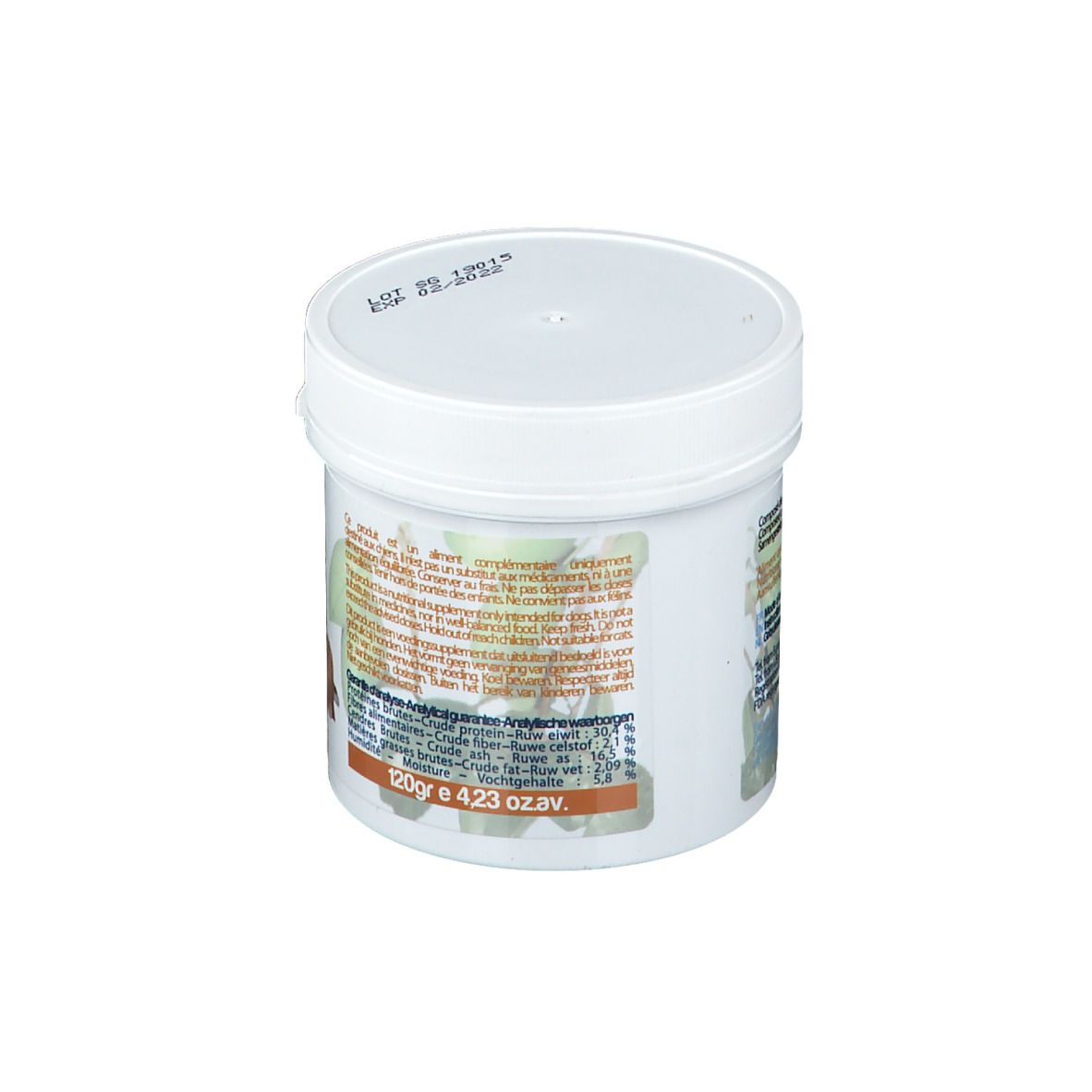 Pot blanc avec couvercle. Inscriptions et texte. Texte: 120g e 423 oz av. Détails sur les ingrédients et la valeur nutritionnelle.