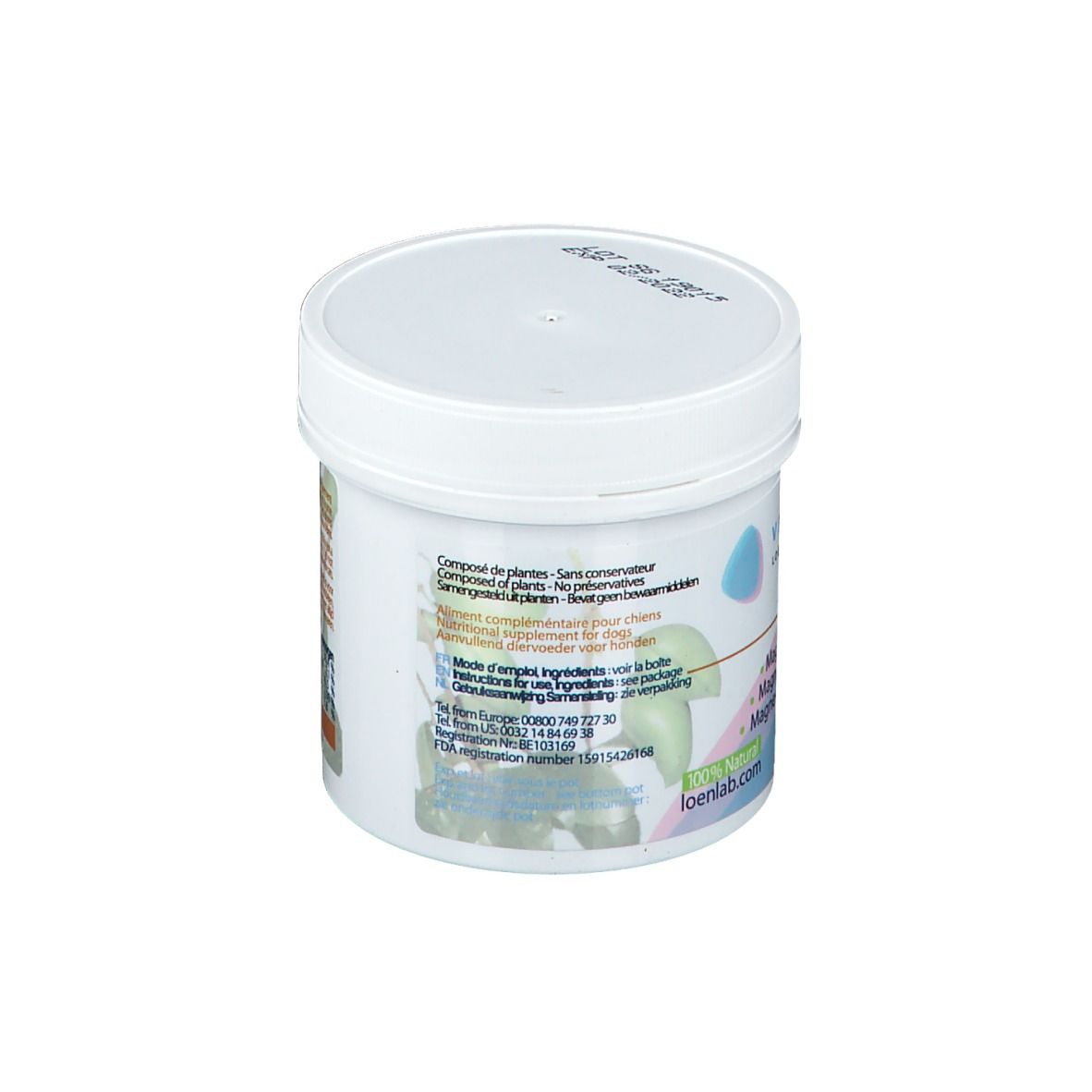 Pot blanc avec couvercle. Texte et logo. Texte: Composition de plantes. Logo: loenlab.com.