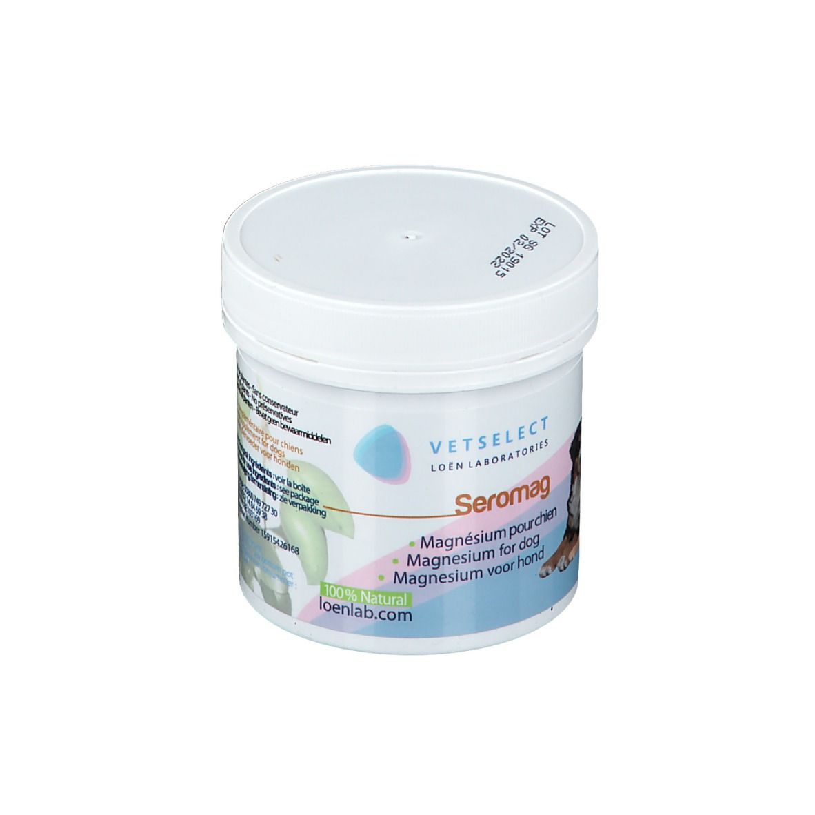 Pot blanc avec couvercle. Inscription: VETSELECT Seromag, Magnésium pour chien. Logo et texte.