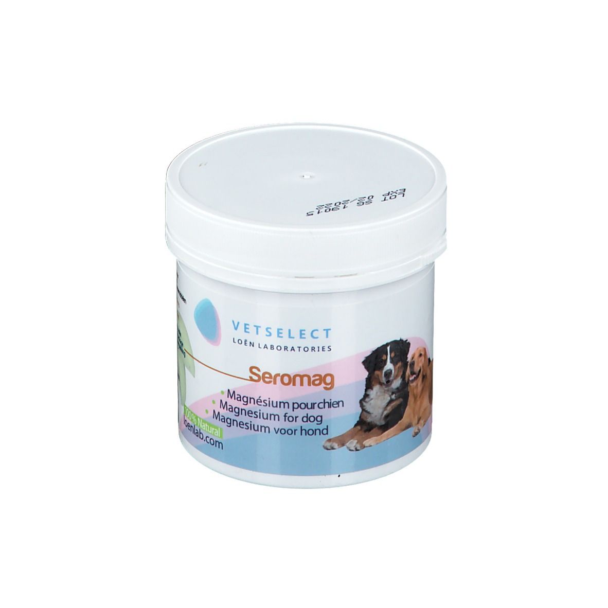 Pot blanc avec couvercle. Inscription: VETSELECT Seromag, Magnésium pour chien. Logo et image de chiens.