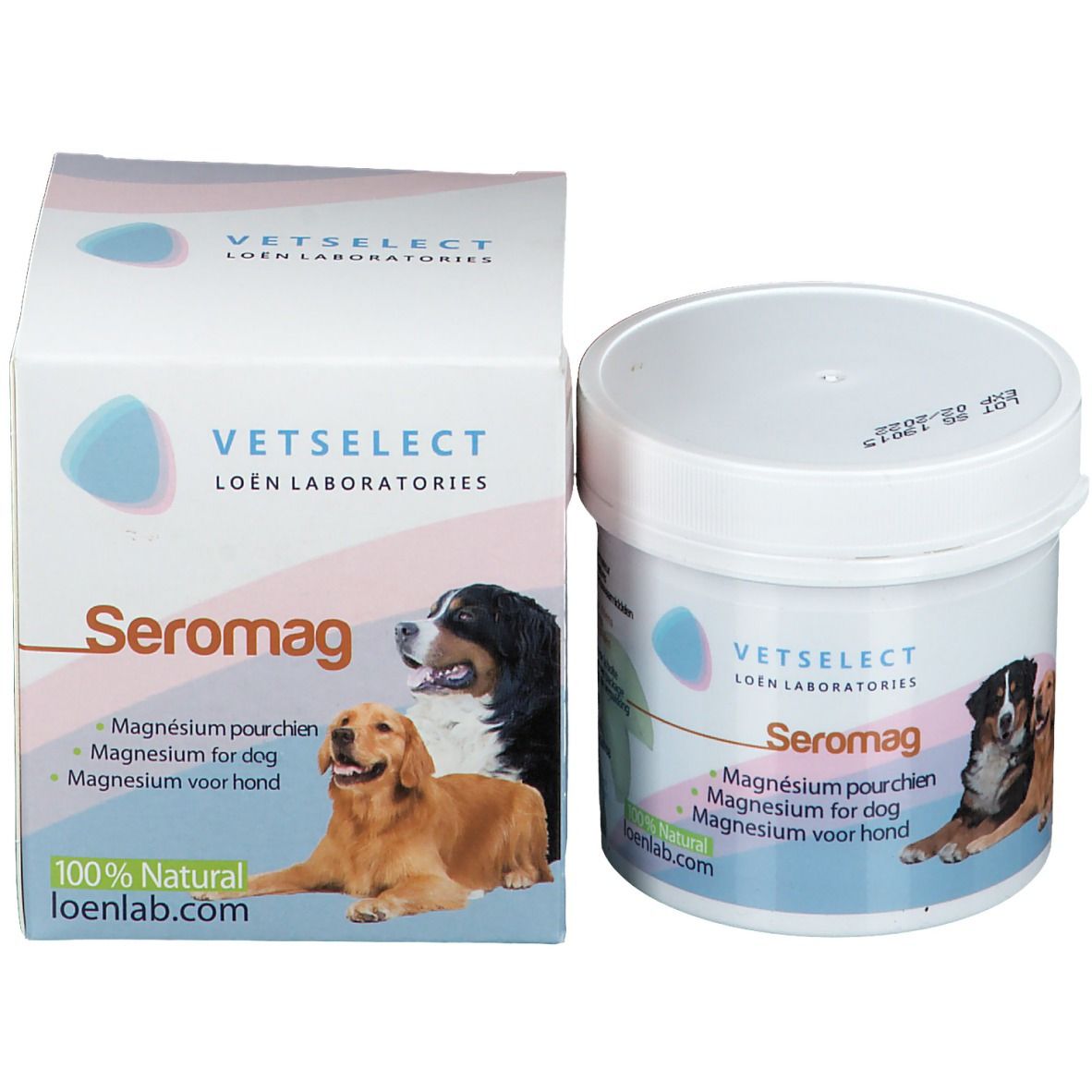 Emballage et pot du produit. Emballage: VETSELECT Seromag, image de chiens. Pot: VETSELECT Seromag.