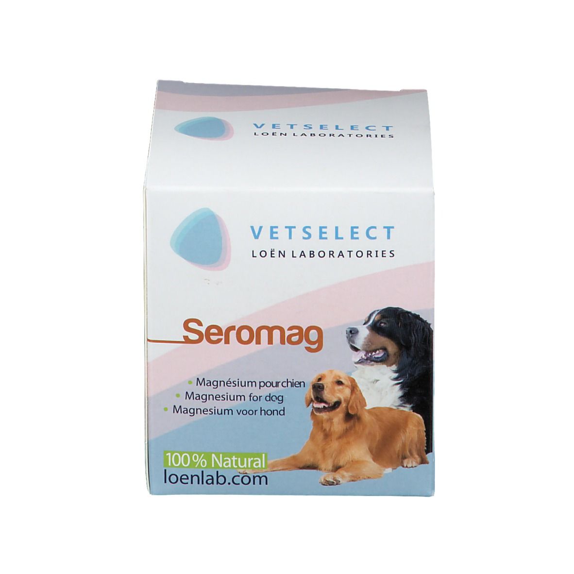 Emballage du produit. Inscription: VETSELECT Seromag, image de chiens. Texte: 100% naturel, loenlab.com.