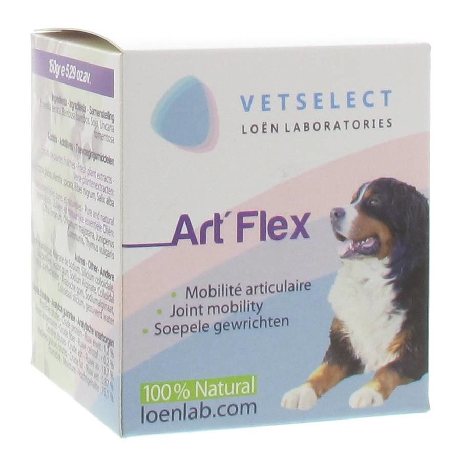 Doos met naam Art' Flex, logo en hond. Tekst: Mobilité articulaire, Joint mobility, Soepele gewrichten. 100% Natural.