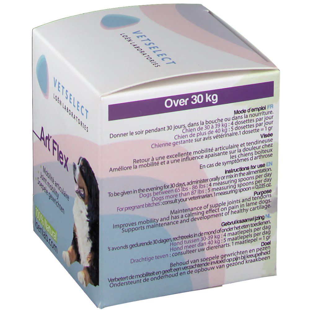 Doos met naam Art' Flex, logo en hond. Tekst: Over 30 kg. Instructies in het Frans, Engels en Nederlands.