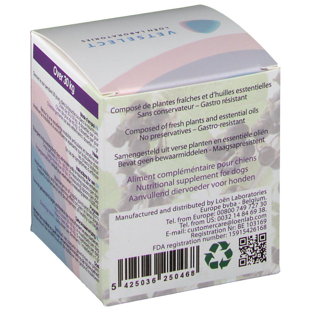 Achterkant van de productverpakking. Tekst: Samenstelling, ingrediënten, fabrikantinfo, QR-code en recyclagesymbool.