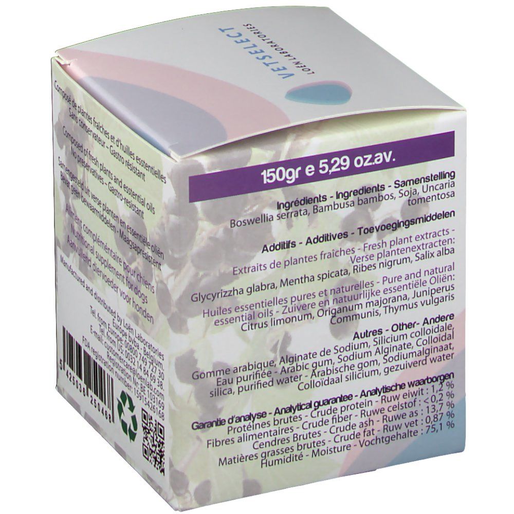 Doos met naam Art' Flex. Tekst: 150g e 5,29 oz. Ingrediënten, additieven, analysewaarden.