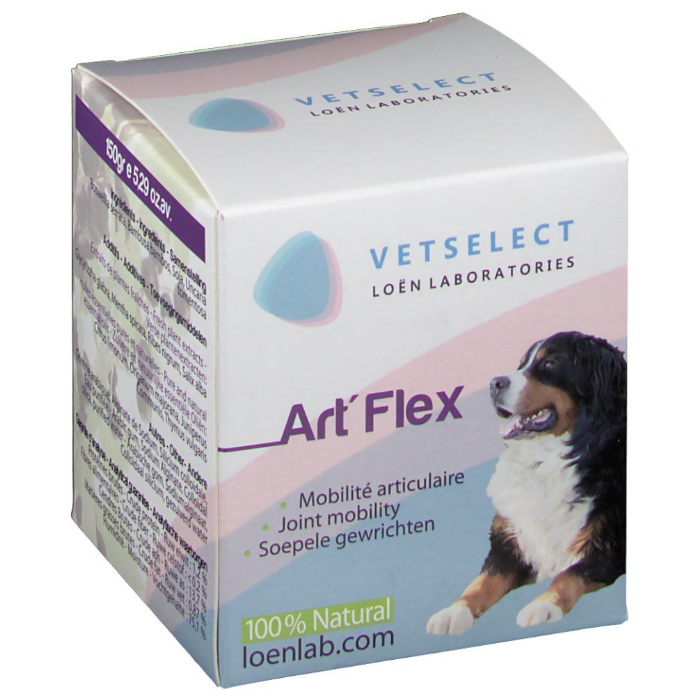 Doos met naam Art' Flex, logo en hond. Tekst: 150g e 5,29 oz. Mobilité articulaire, Joint mobility, Soepele gewrichten. 100% Natural.