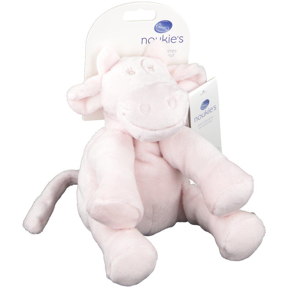 Peluche vache rose avec étiquette. Étiquette avec logo et texte. Dispositif de suspension. Aucun autre détail.