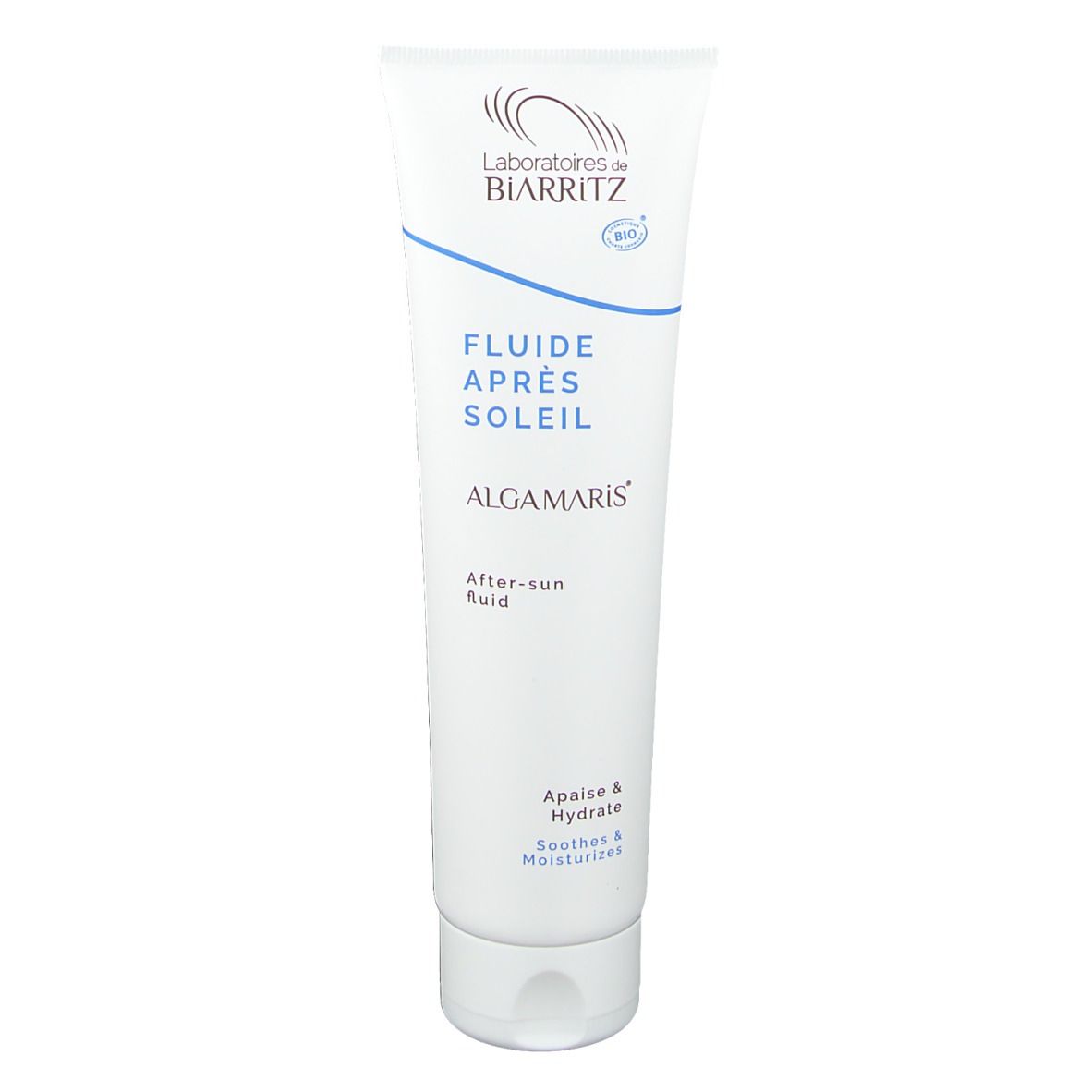 Weiße Tube mit blauem Streifen. Text: ALGA MARIS, Après Soleil, After-sun fluid. Logo Laboratoires de Biarritz.