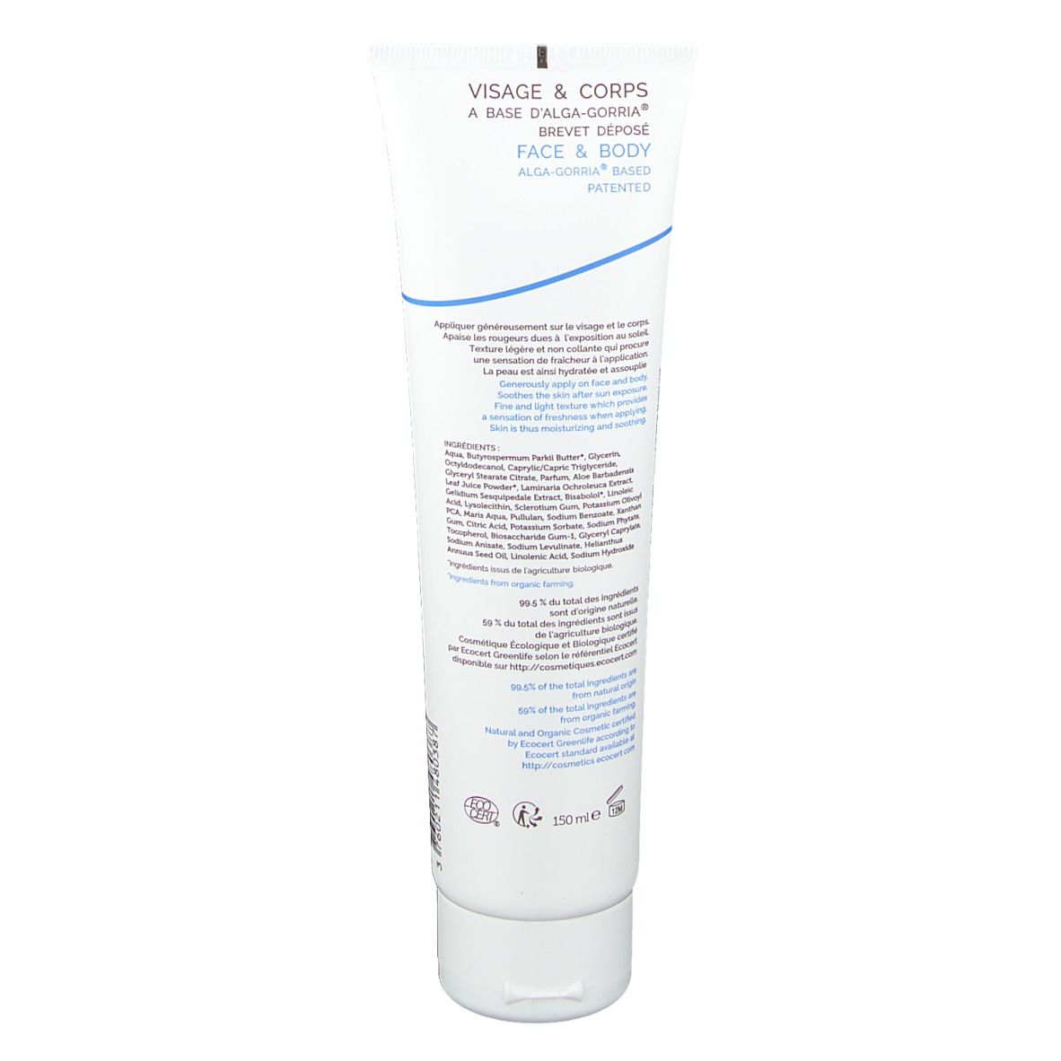 Rückseite der Tube. Text: Visage & Corps, à base d'ALGA-GORRIA, Face & Body. Inhaltsstoffe, Logo ECOCERT.
