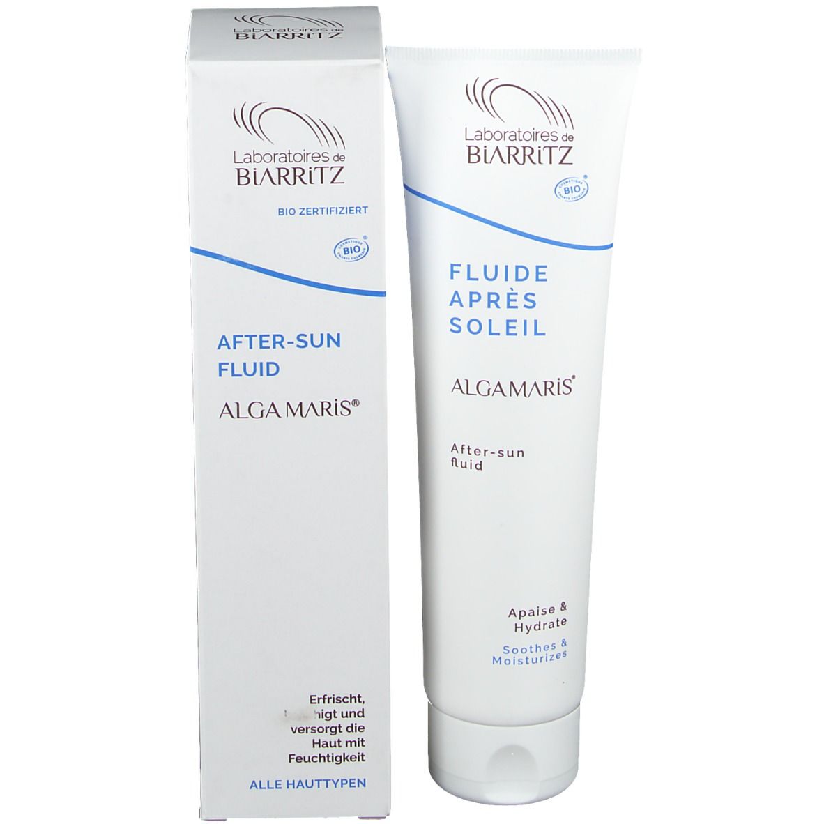 Produkt und Verpackung. Tube und Schachtel. Text: After-sun fluid, ALGA MARIS. Logo Laboratoires de Biarritz. Bio-zertifiziert.