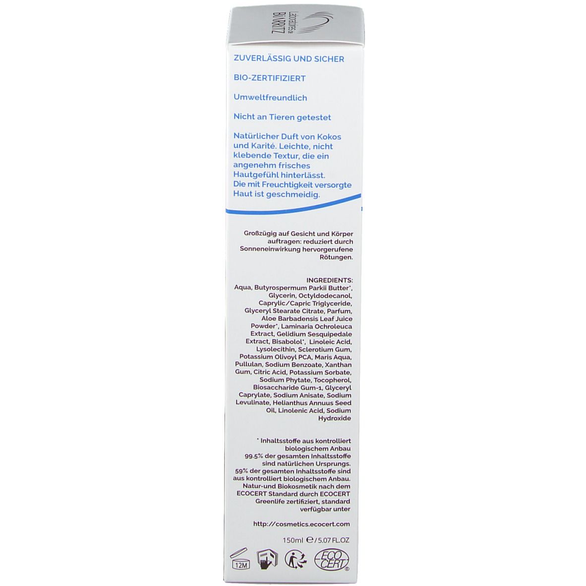 Rückseite der Schachtel. Text: Bio-zertifiziert, Inhaltsstoffe, ECOCERT-Logo, 150ml.