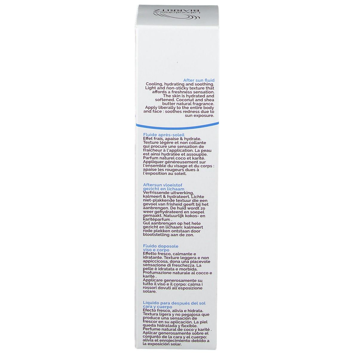 Seite der Schachtel. Text: After sun fluid, Beschreibung in Englisch, Französisch, Niederländisch und Italienisch.