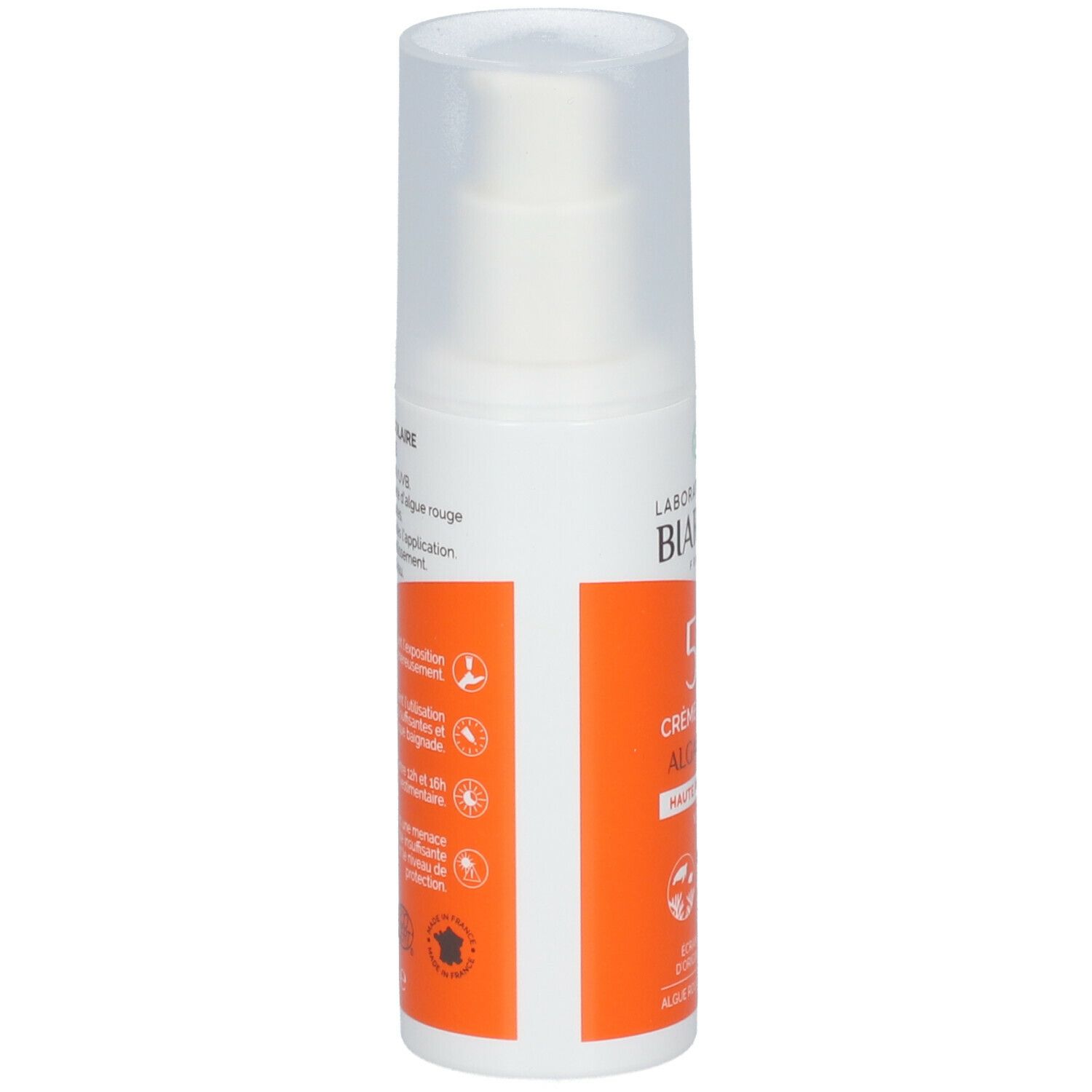 Flacon blanc avec pompe doseuse. Étiquette orange avec texte et logos. Dos avec texte. Certification Bio.