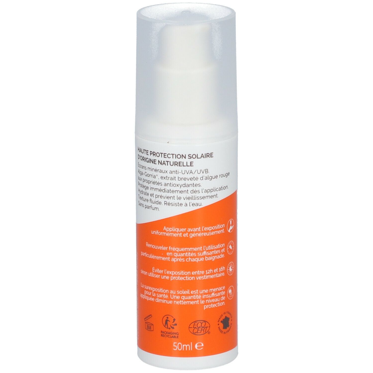 Flacon blanc avec pompe doseuse. Étiquette orange avec texte. Dos avec texte et logos. Certification Bio.