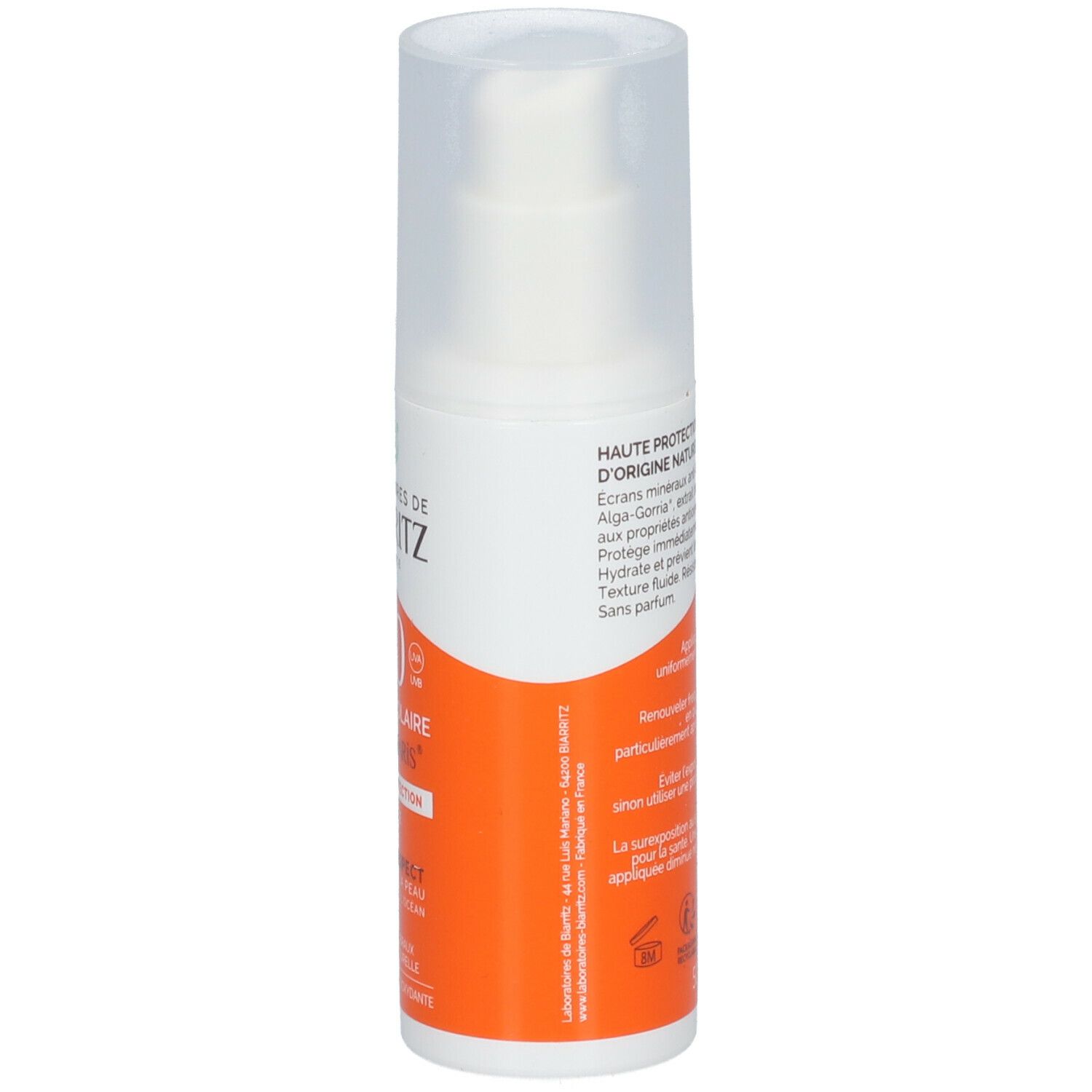 Flacon blanc avec pompe doseuse. Étiquette orange avec texte. Dos avec texte. Certification Bio.