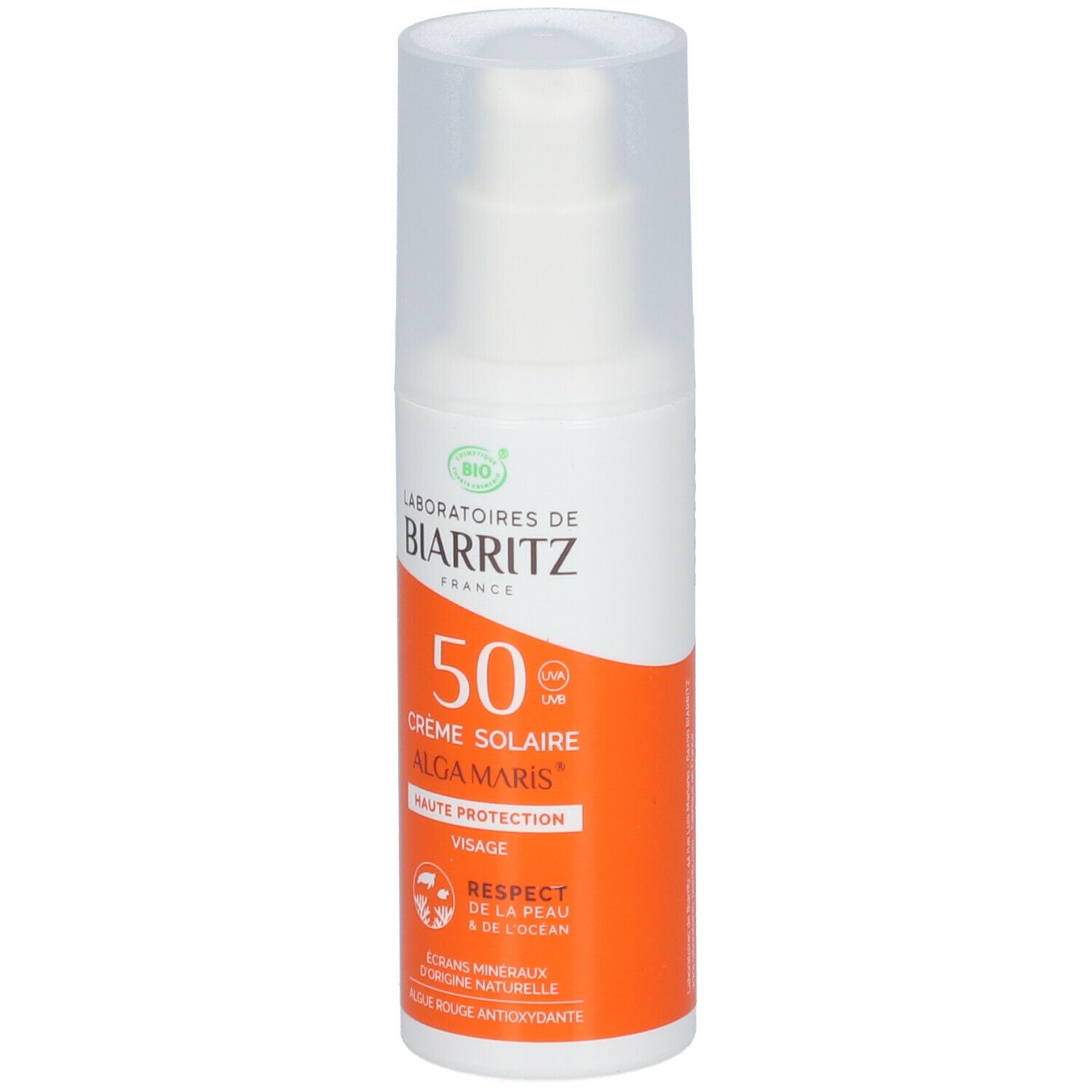 Flacon blanc avec pompe doseuse. Étiquette orange avec texte: Crème Solaire Alga Maris 50. Certification Bio.
