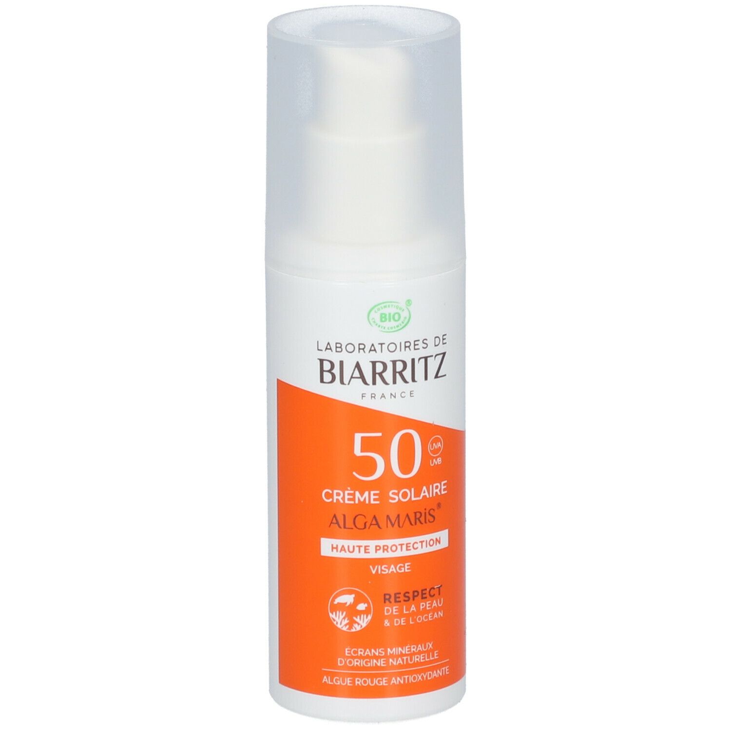 Flacon blanc avec pompe doseuse. Étiquette orange avec texte: Crème Solaire Alga Maris 50. Certification Bio.
