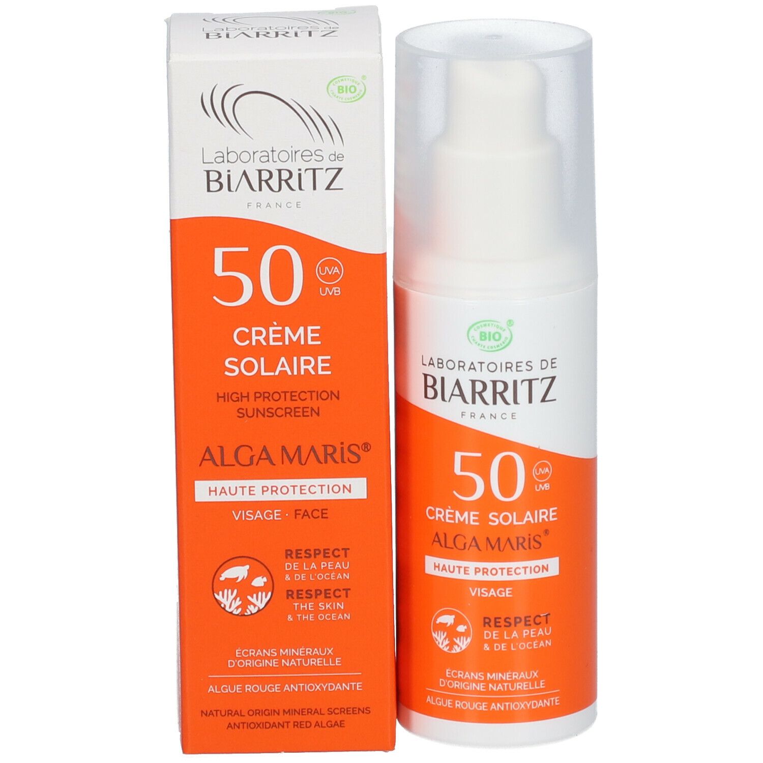 Emballage et flacon. Flacon avec pompe doseuse. Emballage orange avec texte: Crème Solaire Alga Maris 50. Certification Bio.
