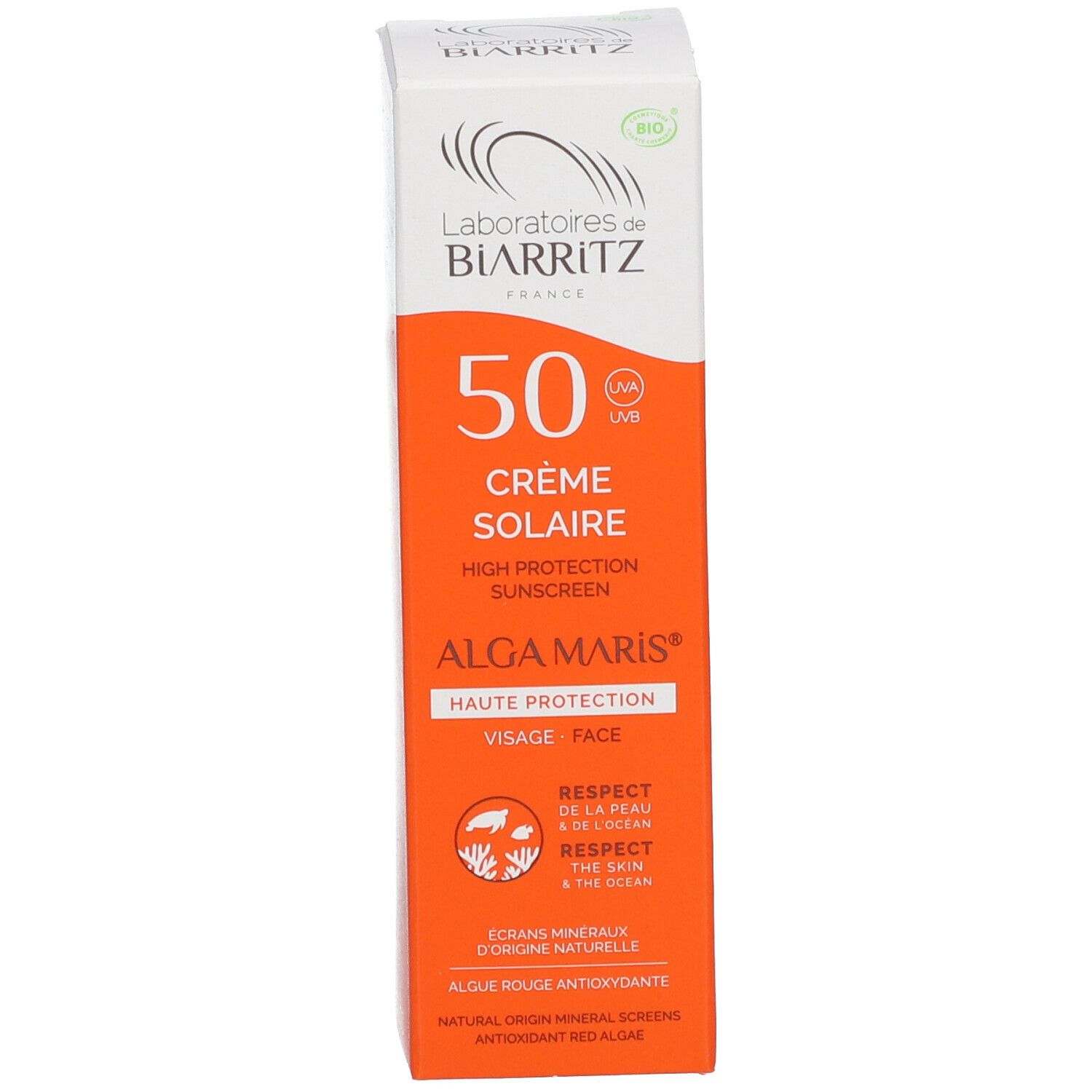 Emballage du produit. Emballage orange avec texte: Crème Solaire Alga Maris 50. Certification Bio.