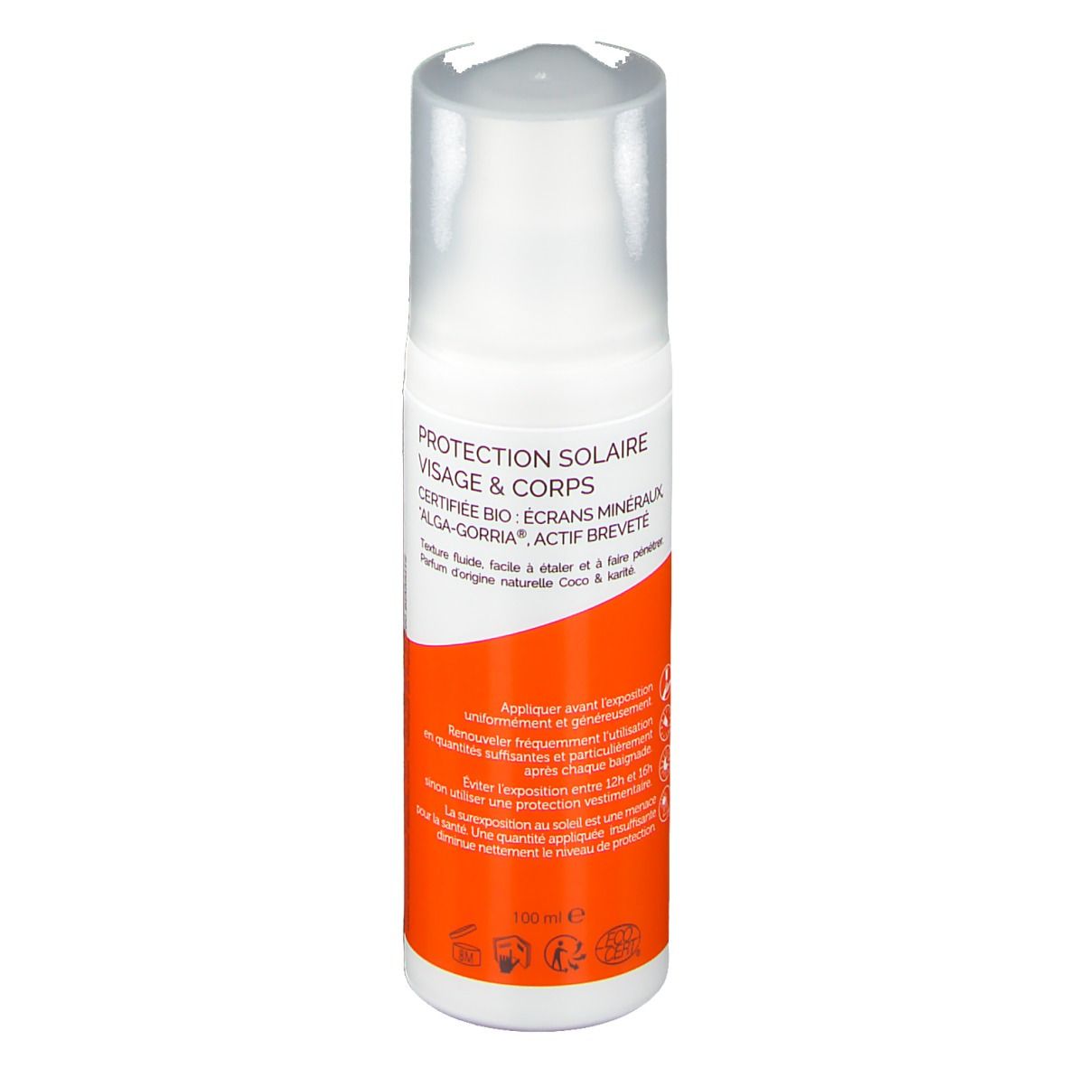 Sonnenmilch-Flasche. Marke: Laboratoires de Biarritz. Für Gesicht & Körper. Mit Pumpverschluss.