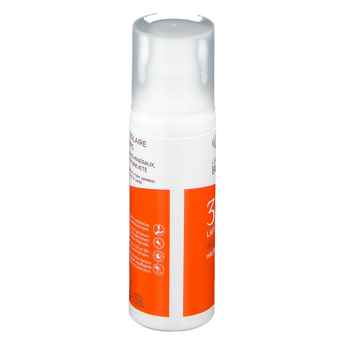 Sonnenmilch-Flasche. Marke: Laboratoires de Biarritz. SPF 30. Mit Pumpverschluss. Orange-weißes Design.