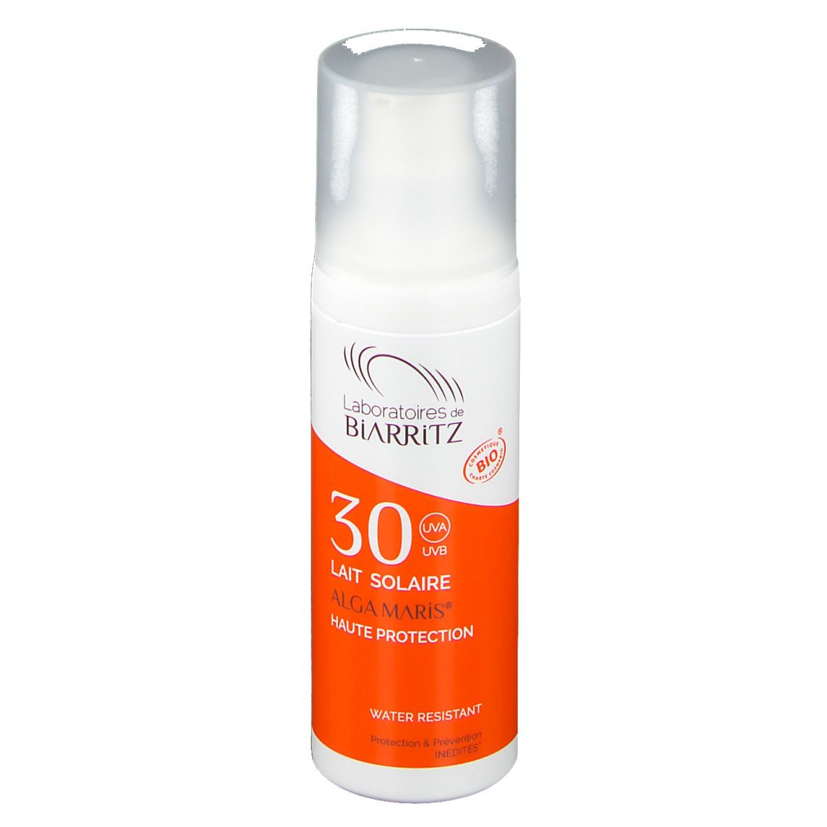 Sonnenmilch-Flasche. Marke: Laboratoires de Biarritz. SPF 30. Mit Pumpverschluss. Orange-weißes Design.