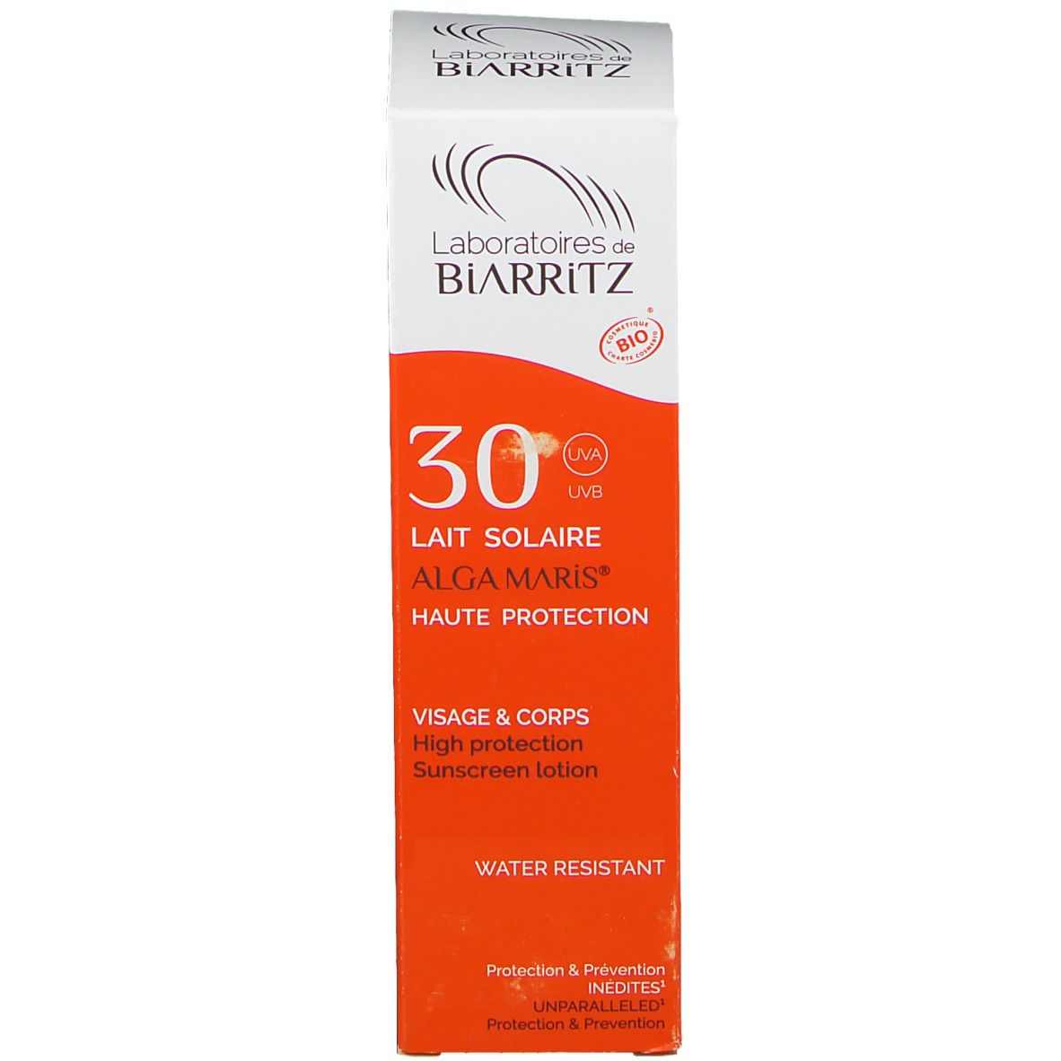Verpackung von Sonnenmilch. Marke: Laboratoires de Biarritz. SPF 30. Orange-weißes Design.