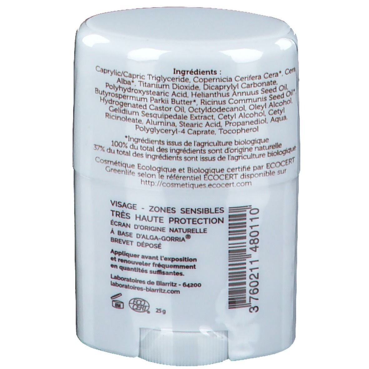 Dos du stick solaire blanc. Ingrédients et texte : 'VISAGE ZONES SENSIBLES'. Certification bio. 25g.