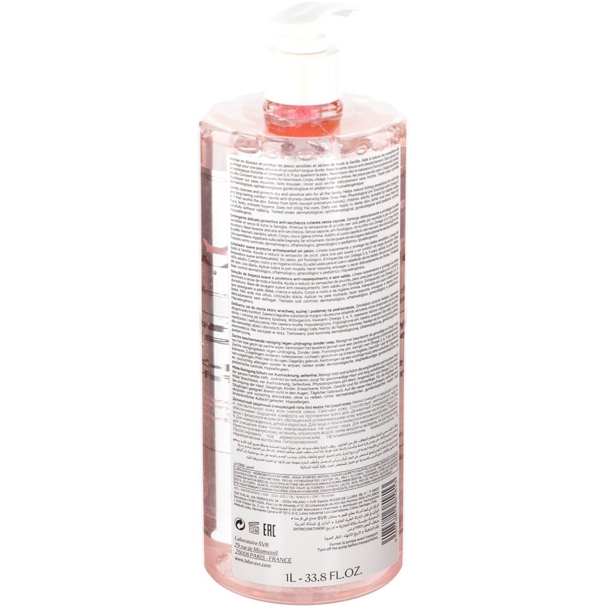 Transparante fles met roze vloeistof en doseerpomp. Achterkant met tekst. Opschrift: 1L - 33.8 FL.OZ.