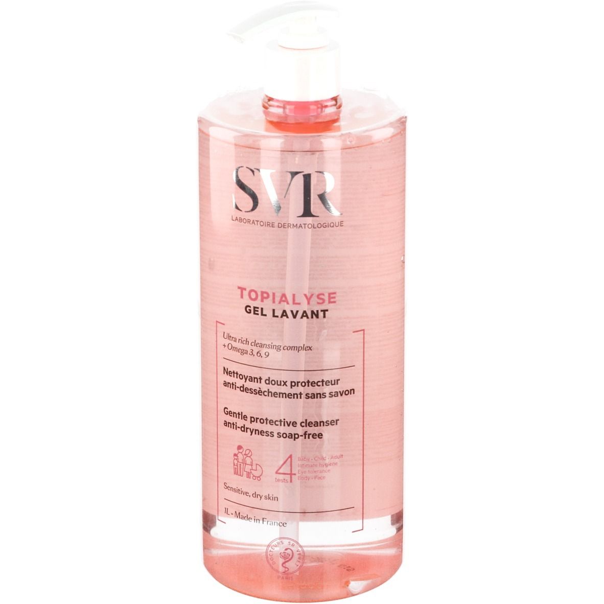 Transparante fles met roze vloeistof en doseerpomp. Opschrift: SVR, Topialyse Gel Lavant. Voor gevoelige, droge huid.