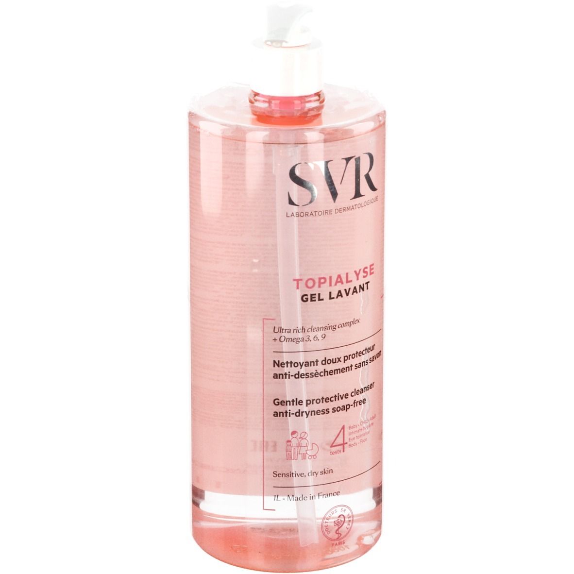 Transparante fles met roze vloeistof en doseerpomp. Opschrift: SVR, Topialyse Gel Lavant. Voor gevoelige, droge huid.