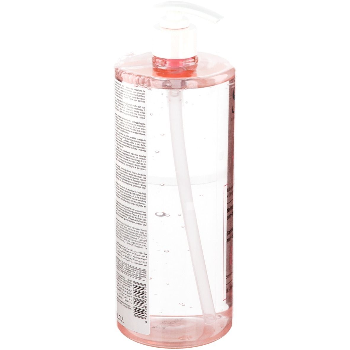 Transparante fles met roze vloeistof en doseerpomp. Zijaanzicht. Lange pomp zichtbaar in de fles.