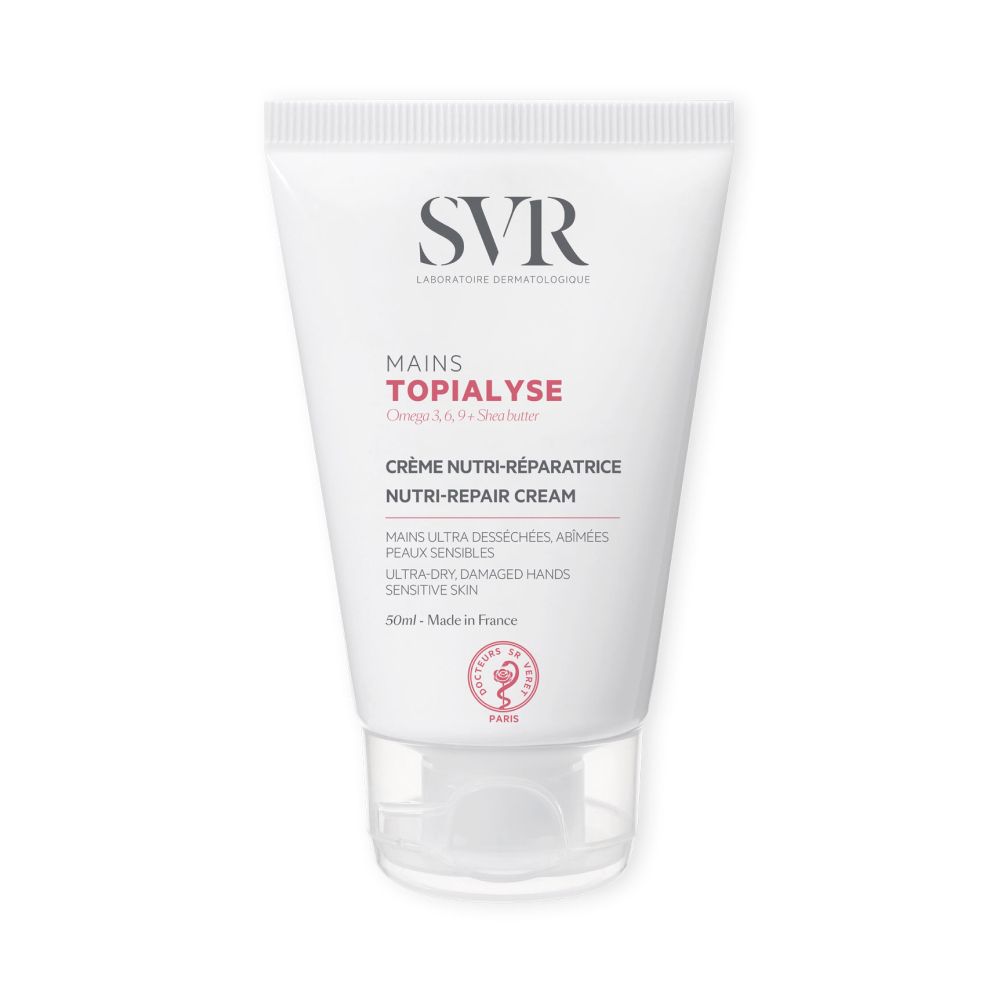Tube blanc SVR TOPIALYSE MAINS. Contient Oméga 3, 6, 9 + beurre de karité. Crème nutri-réparatrice pour mains sèches et abîmées.